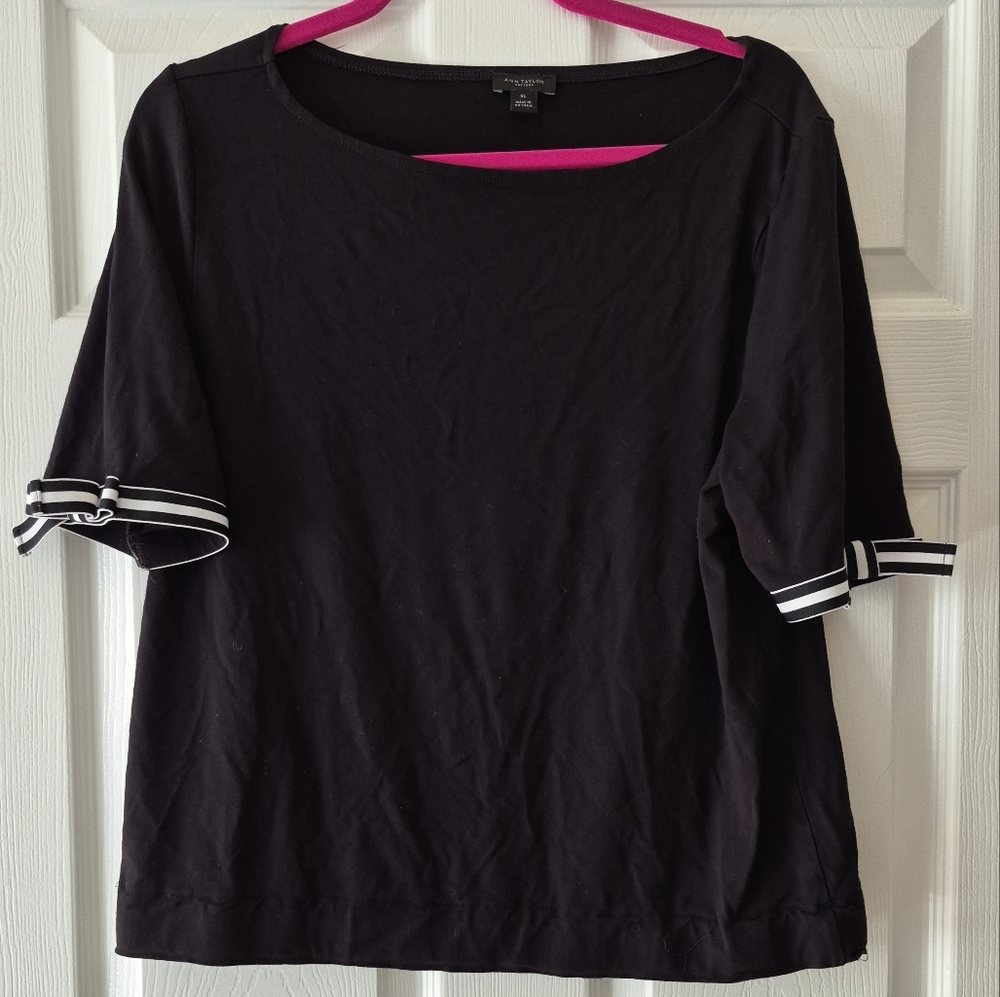 Ann Taylor Factory Black Top with Striped Cuffs